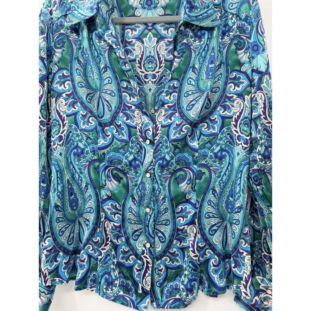 CACHE Silk Blouse Womens L Blue Paisley Psychedelic Rave Cowboy Glam Retro Pearl - Picture 3 of 9